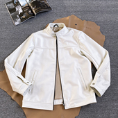 高端柔软头层小牛皮机车夹克修身 立领骑行服白色真皮皮衣男士 外套