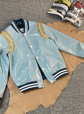 潮款经典拼色皮夹克头层硬挺小牛皮真皮皮衣蓝色休闲外套男