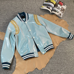 潮款 拼色皮夹克头层硬挺小牛皮真皮皮衣蓝色休闲外套男 经典