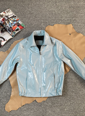 高级港风复古头层小牛皮外套亮面真皮皮衣男蓝色翻领夹克90年代