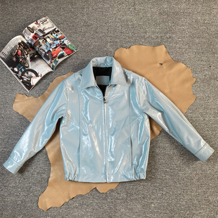 高级港风复古头层小牛皮外套亮面真皮皮衣男蓝色翻领夹克90年代