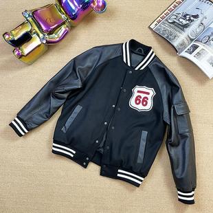 宽松美式 子外套刺绣真皮棒球服重磅 复古夹克毛呢拼接头层牛皮袖