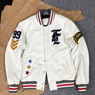 头层小牛皮棒球服白色真皮皮衣男女短款 刺绣皮夹克休闲外套福利款