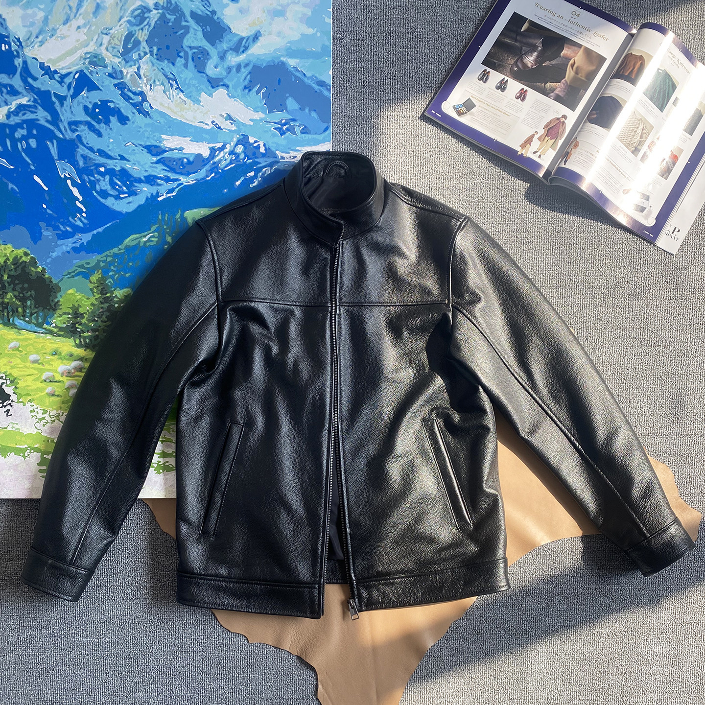 柔软头层小牛皮机车夹克真皮薄款外套立领修身皮衣男士纯皮骑行服
