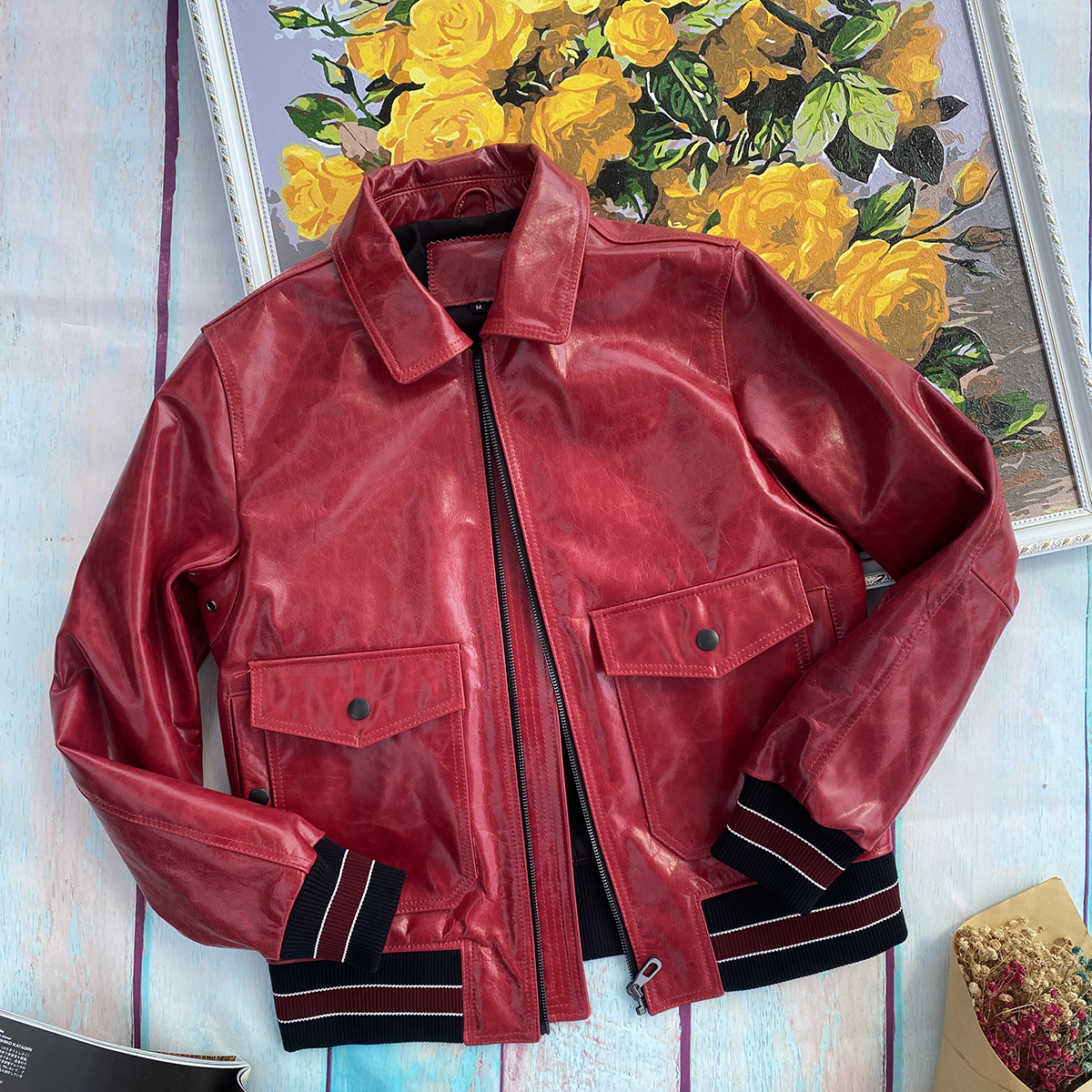 多口袋头层牛皮翻领A2飞行服