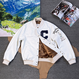 高端柔软头层小牛皮刺绣夹克白色机车真皮皮衣老钱风棒球外套男女