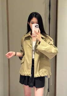 早秋新款假两件拼接徽标刺绣口袋抽绳宽松显瘦连帽风衣外套女