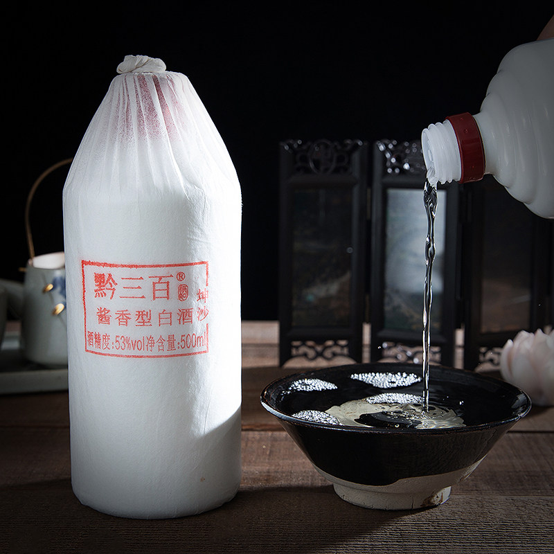 贵州古镇黔三百粮食酒高粱白酒53度酱香型大曲坤沙酒500ml老陈酱