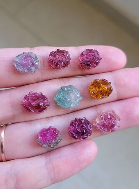 包邮天然彩虹糖果色碧玺精雕通孔牡丹花裸石 手链 戒面