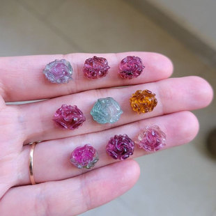 天然彩虹糖果色碧玺精雕通孔牡丹花裸石 手链 戒面