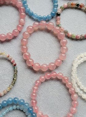 包邮清出天然马粉手链海蓝宝手链梅花碧玺手链一物一图