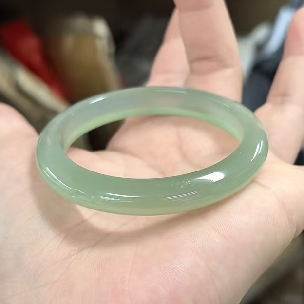 周六福同款浅油青玉髓手镯冰种绿色窄条玛瑙手镯女七夕礼物送女友