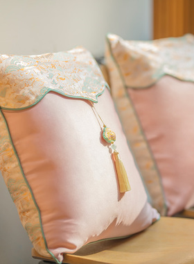 中式流苏靠枕客厅沙发抱枕轻奢高级感粉色结婚中古风靠垫套复古