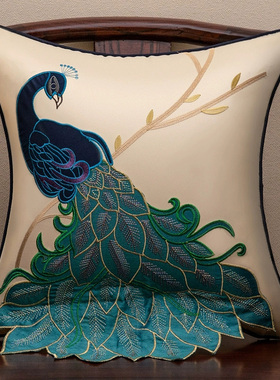 新中式轻奢高级感刺绣孔雀抱枕腰枕刺绣高端样板房沙发靠垫套客厅