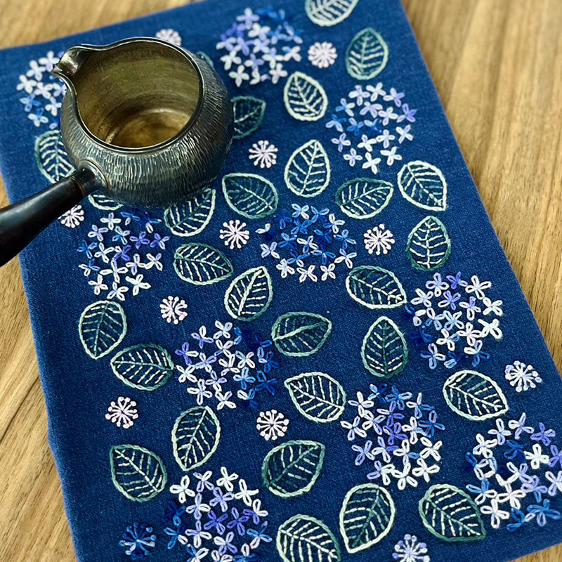 刺子绣茶席材料包绣球花手工刺绣花卉叶子手缝棉麻DIY茶垫初学者