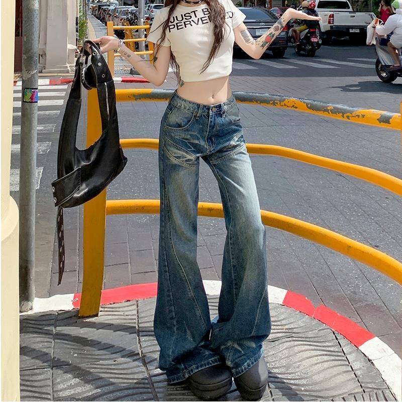 美式复古低腰阔腿微喇牛仔裤女春秋款辣妹显瘦不贴腿直筒喇叭裤子