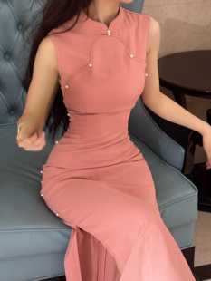 秋辞香~粉丹玉霞 无袖旗袍新中式国风改良粉色旗袍新中式连衣裙