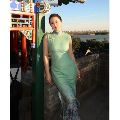 秋辞香~绿袖 无袖绿色显瘦少女清新国风修身新中式改良旗袍连衣裙
