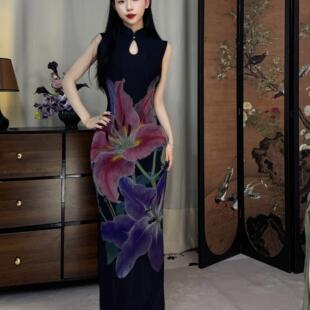 秋辞香~紫长春 弹力修身改良旗袍女人味黑色无袖气质风情万种