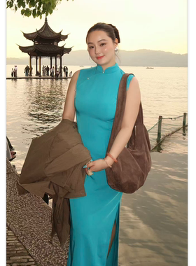秋辞香~松蓝 无袖纯色系旗袍新中式国风改良蓝色旗袍新中式连衣裙