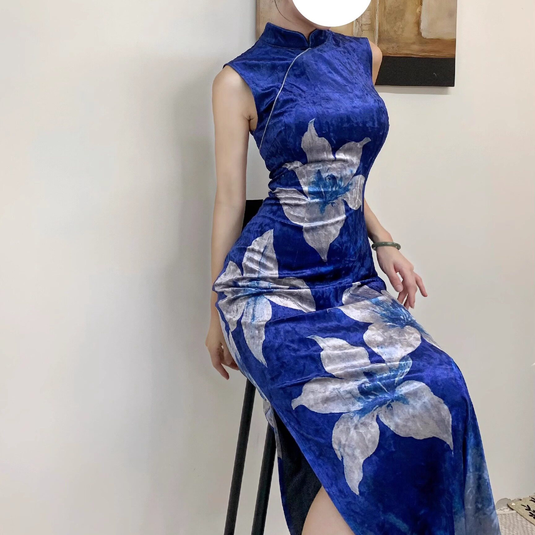 秋辞香~蓝田玉暖 弹力蓝色情人丝绒无袖国风新中式改良旗袍