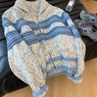 棒针粗毛线手工编织双拉链条纹针织开衫 毛衣外套女可外穿打底内搭