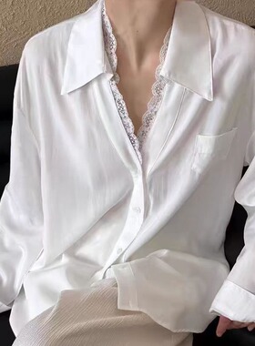 白色V领蕾丝拼接长袖衬衫女秋25新款减龄时尚高级上衣假两件衬衣