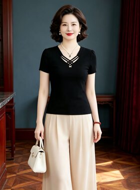 妈妈装夏季短袖T恤上衣2026新款凉感大码宽松高端贵妇款中年女装