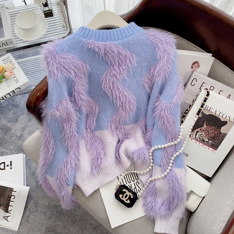 甜美长貂毛紫色条纹毛衣女秋冬