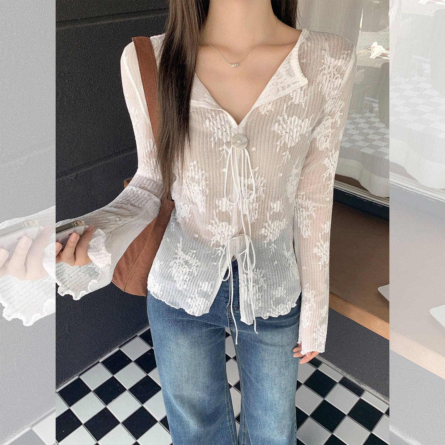 高级感蕾丝刺绣修身V领针织上衣女法式白色喇叭长袖小衫开衫罩衫,女装/女士精品,蕾丝衫/雪纺衫,淘宝优惠券,粉丝福利购,淘宝优惠卷