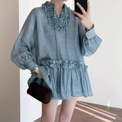 文艺复古木耳边蓝色长袖衬衫女夏季设计感花边领简约别致宽松上衣