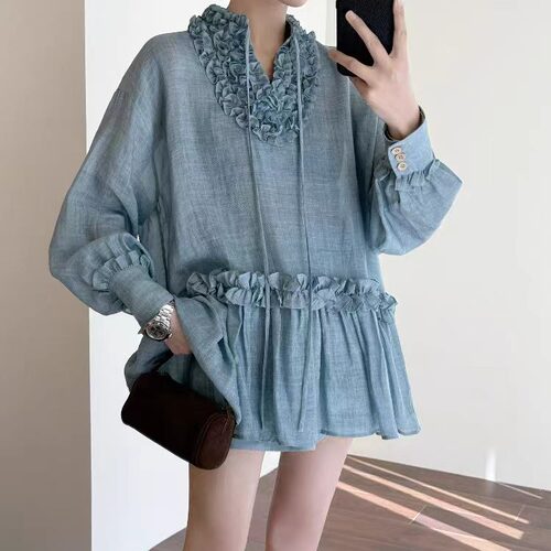 文艺复古木耳边蓝色长袖衬衫女夏季设计感花边领简约别致宽松上衣
