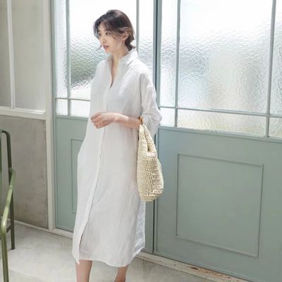 商场品牌捡漏女装！早秋长袖衬衫裙子女春秋中长款宽松棉麻连衣裙