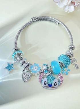 潘家新款可爱史迪仔手链女卡通镶钻吊坠开口蛇骨链手镯时尚饰品