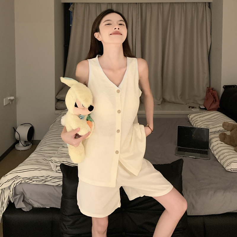 休闲睡衣女夏季吊带开衫带胸垫背心无袖米黄简约纯色家居服两件套