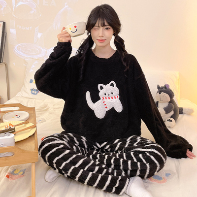 半边绒绒睡衣女大童12珊瑚绒秋冬季13岁女孩15加厚卡通套装家居服