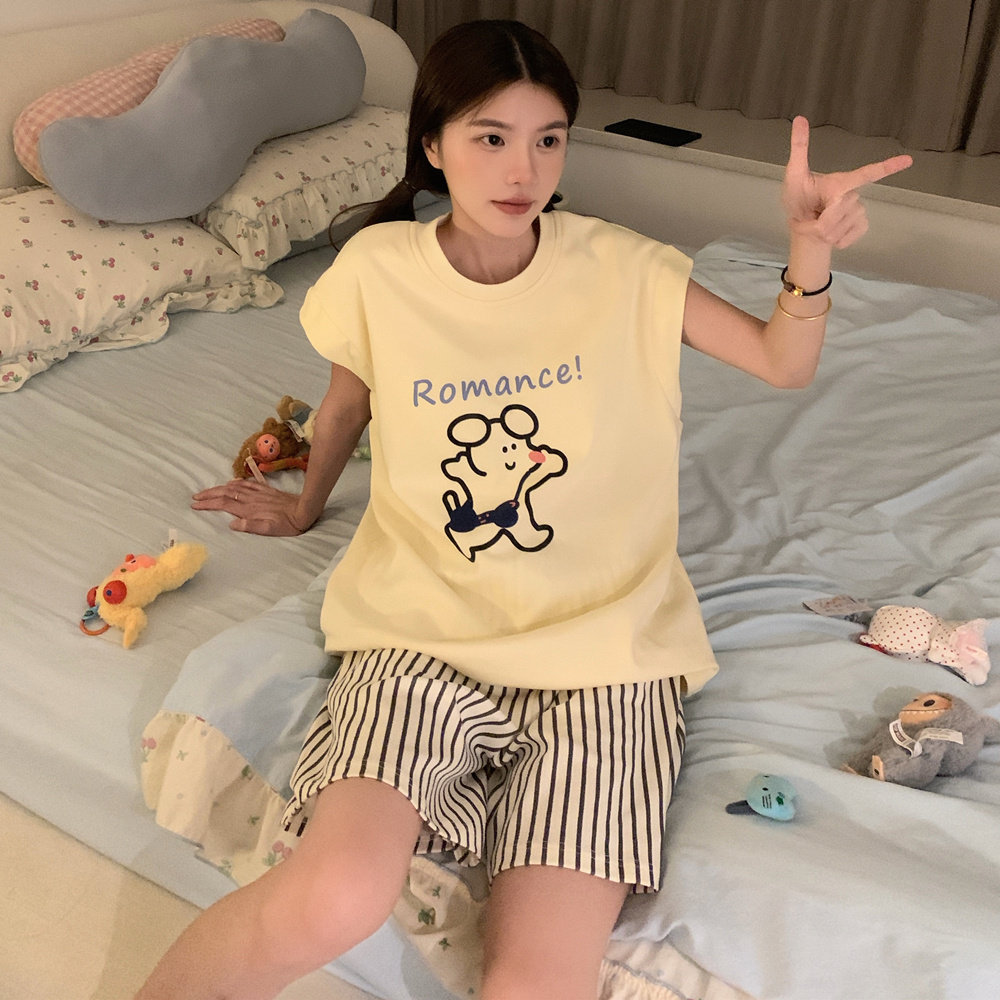 可爱卡通睡衣女大童夏季纯棉无袖套装12-13-15岁女孩可外穿家居服
