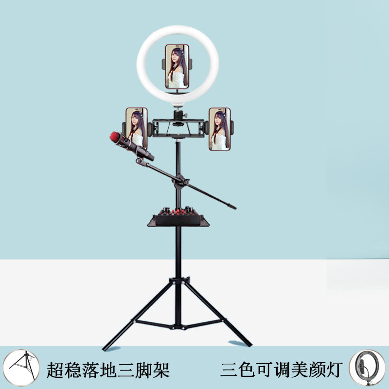 手机直播专用支架带话筒横杆托盘置物架美颜补光灯拍照落地支架
