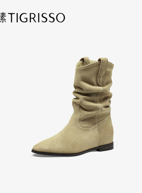 Tigrisso蝶愫2025冬蹀愫增高游牧风堆堆靴西部女牛仔靴TA65872-50