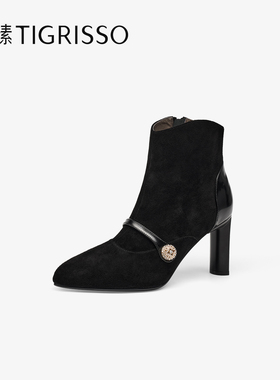 Tigrisso蝶愫2025冬蹀愫玛丽珍靴钻扣时装靴瘦瘦女短靴TA65724-11