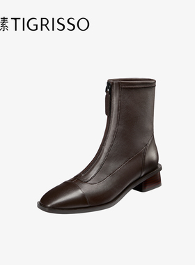 Tigrisso蝶愫2025冬蹀愫粗跟弹力靴棕色前拉链女瘦瘦靴TA61709-11