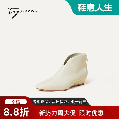 Tigrisso蹀愫2026秋冬蝶愫油面牛皮V口显瘦坡跟女靴T76717A-02