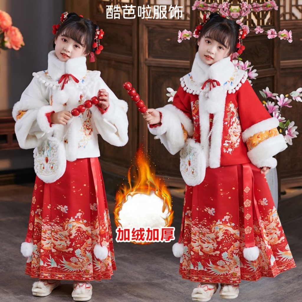 古风女童冬季加绒汉服拜年服女孩秋冬装红色过年加厚唐装连衣裙子