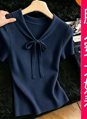 【专柜大码】藏青色系带针织短袖女夏季显瘦T恤气质百搭