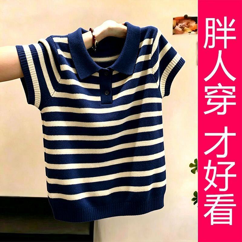 【专柜大码】藏青白条纹 Polo 领针织短袖女夏季新款显瘦上衣