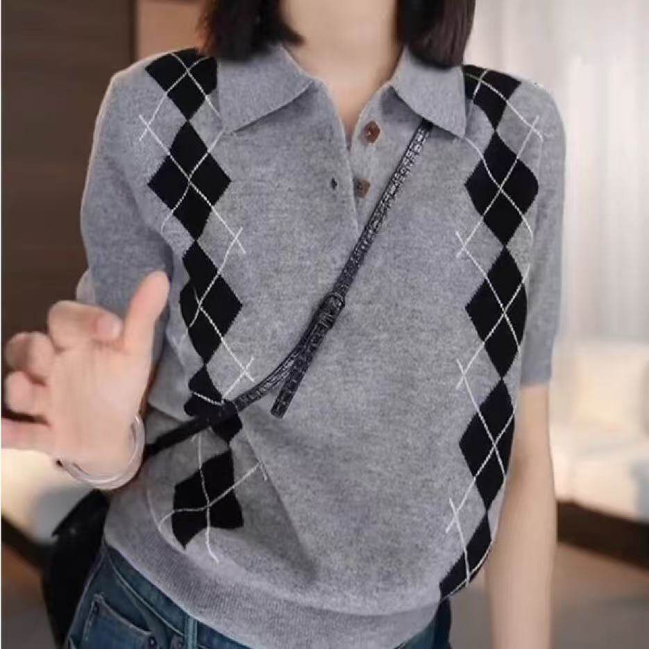 【专柜大码】英伦风菱格纹短袖针织衫女修身显瘦T恤POLO衫百搭女