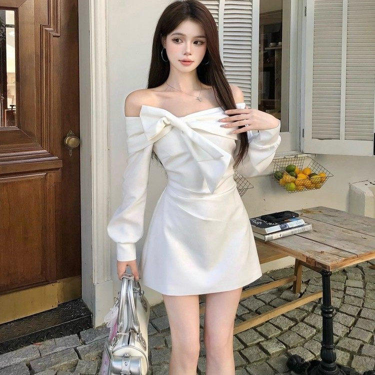 法式蝴蝶结一字肩收腰连衣裙