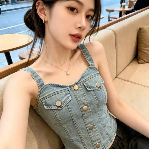 夏新美式复古V领短款牛仔背心女