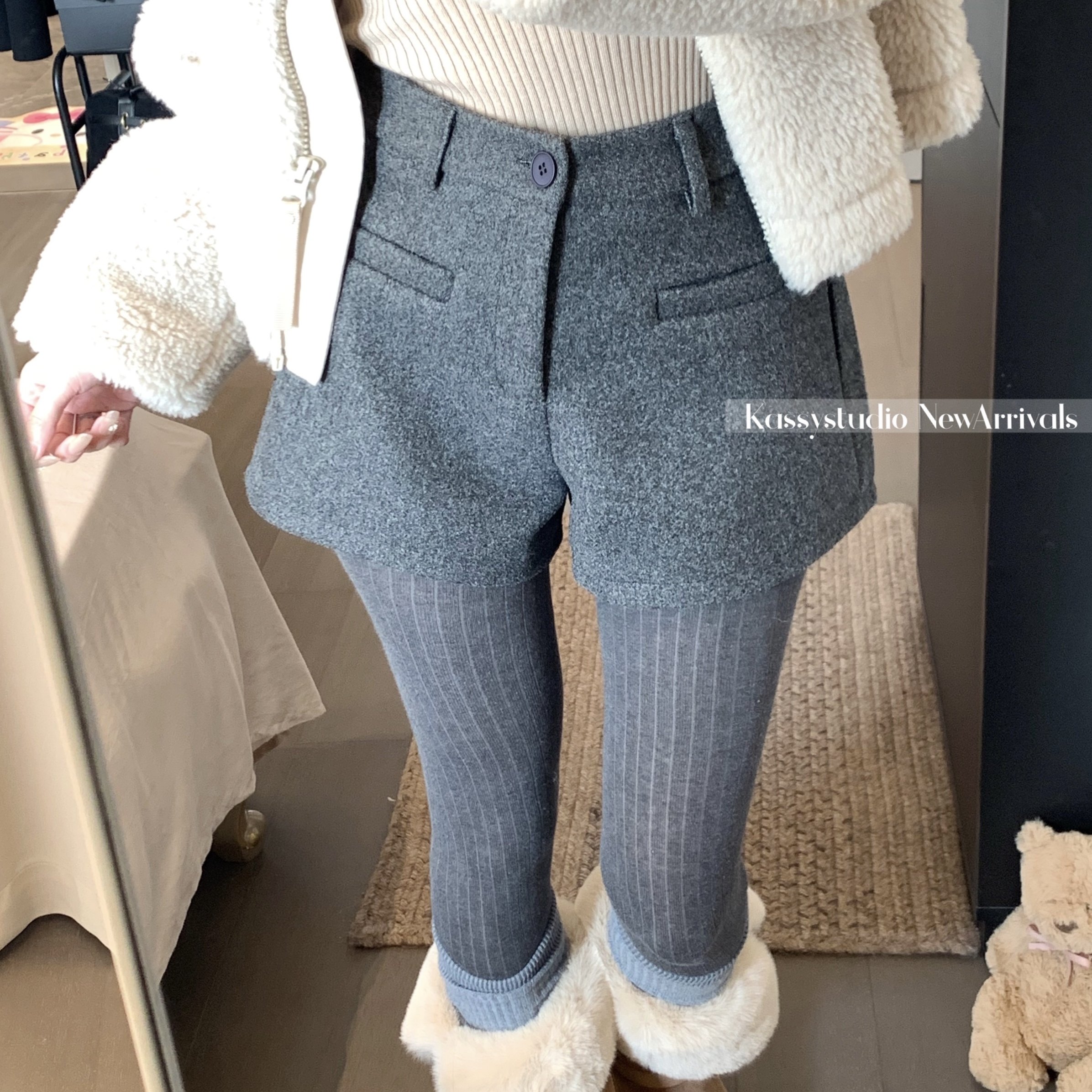 灰色百搭毛呢短裤外穿休闲裤女装冬季高腰显瘦a字热裤咖色阔腿裤