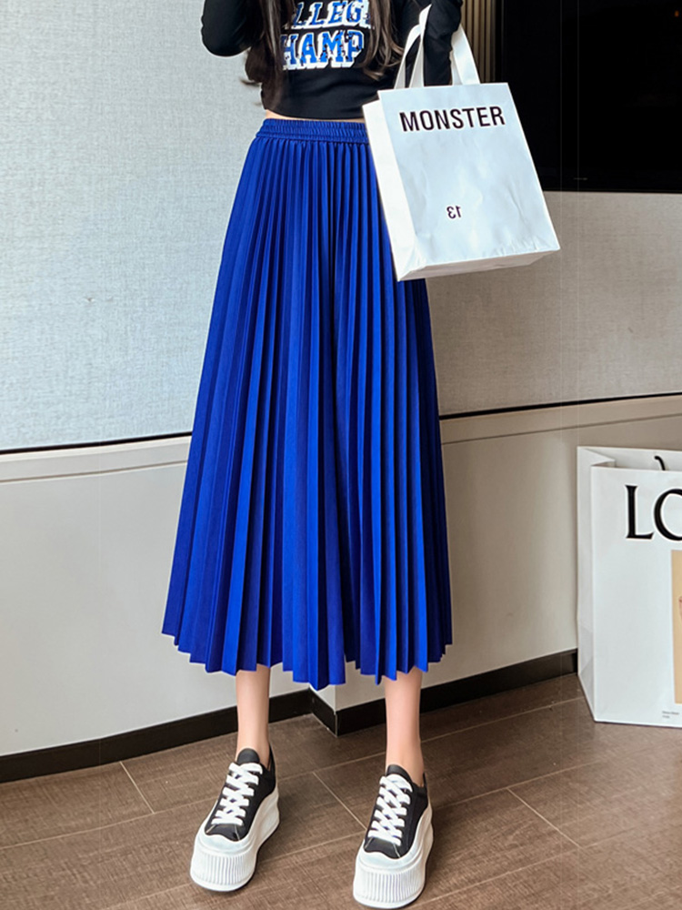 2025春夏新款克莱因蓝百褶裙子中长款高腰A字半身裙女大摆风琴裙